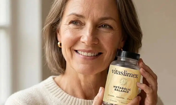 Smiling woman holding a bottle of VitaSlimex Metabolic Balance supplement next to her face